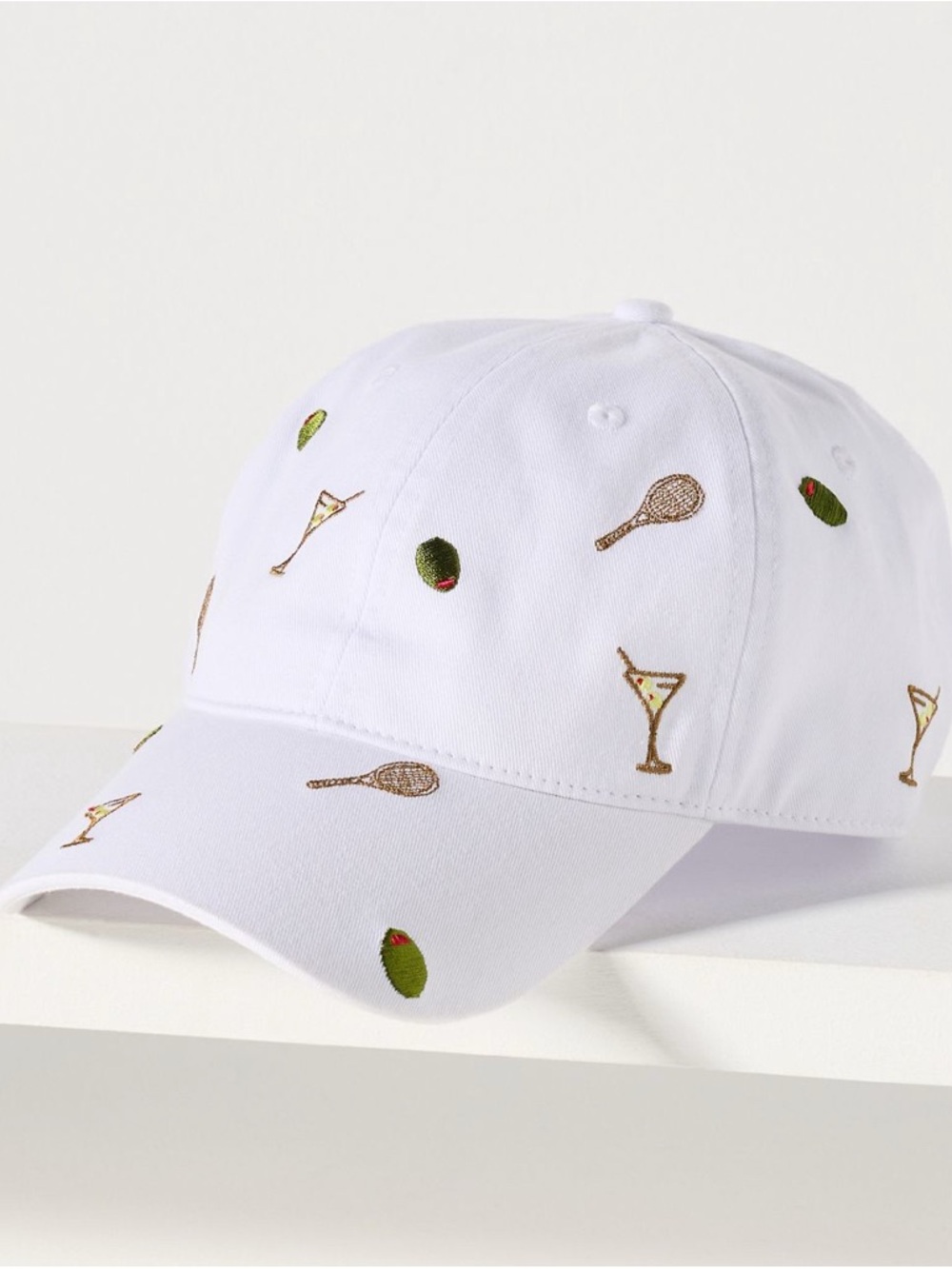 Anthropologie White Baseball Cap with Martini, Olive & Tennis Racket Embroidery